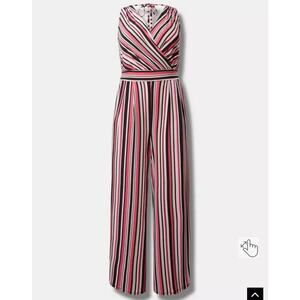 Torrid, NWT, Sz 00/Med/10 Studio Knit Surplice Tie Back Pink Stripe Jumpsuit